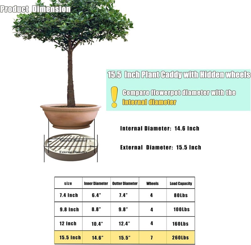 Dcpes Store 15.5" Plant Caddy with Hidden Wheels, 7 Invisible Caters, Rolling Plants Stand with Wheel Dolly, Wheeled Planter Roller Base, Indoor Pots Holder Tray Plants Pallet, Beige, 2Pack - Image 2